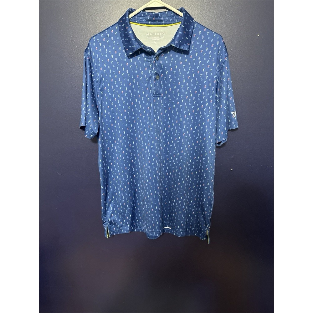MAELREG Men's Medium Blue Performance Polo Shirt Cocktail Print Short Sleeve - Picture 6 of 6